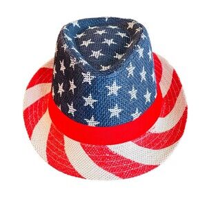 Patriotic American Flag Red White Blue Burlap Fedora Hat